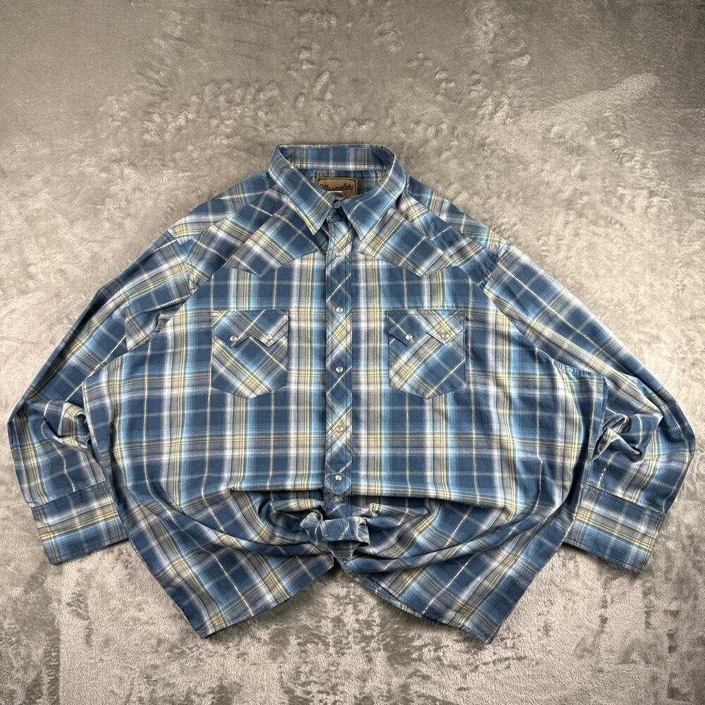 Wrangler Blue Plaid Western Pearl Snap Long Sleeve Shirt Size Mens XXL